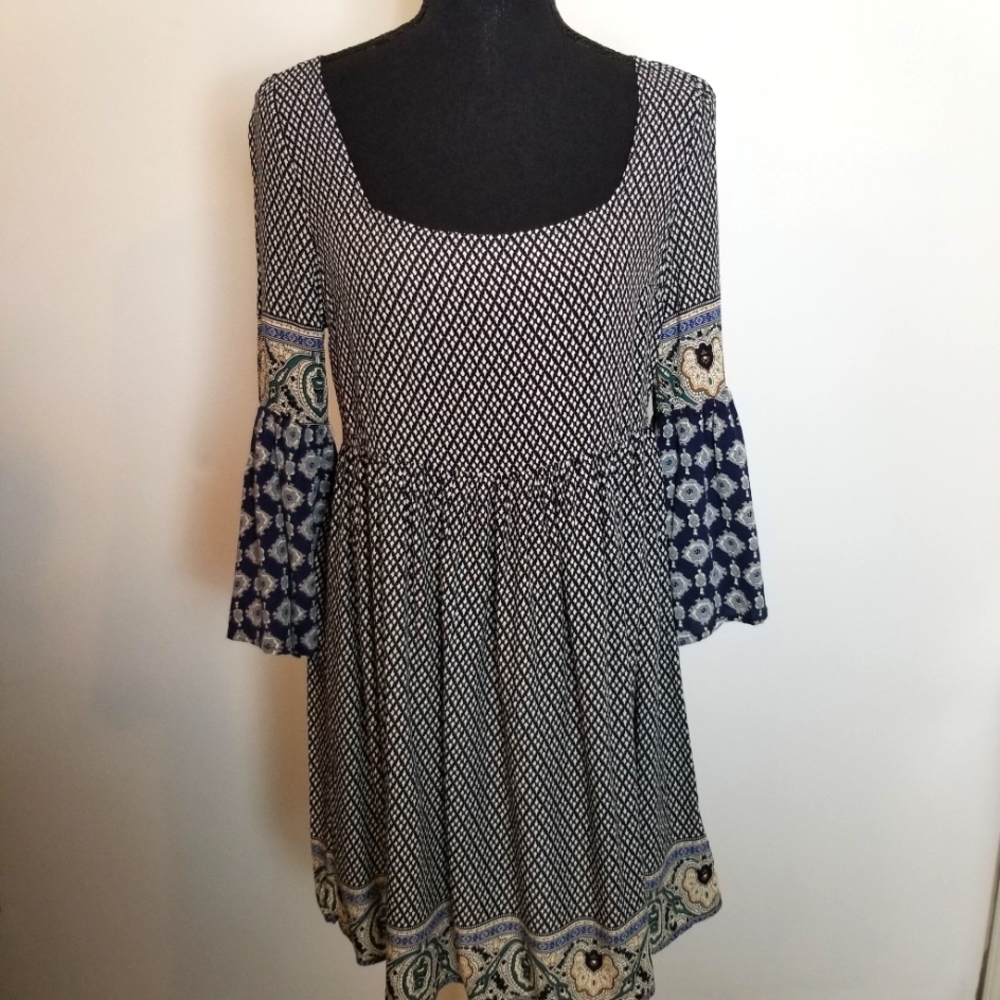 Umgee Boho Slit Bell Sleeve Pheasant Dress